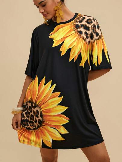 Travachic Plus Size Women Casual Floral Print Round Neck Short Sleeve T-Shirt Dress