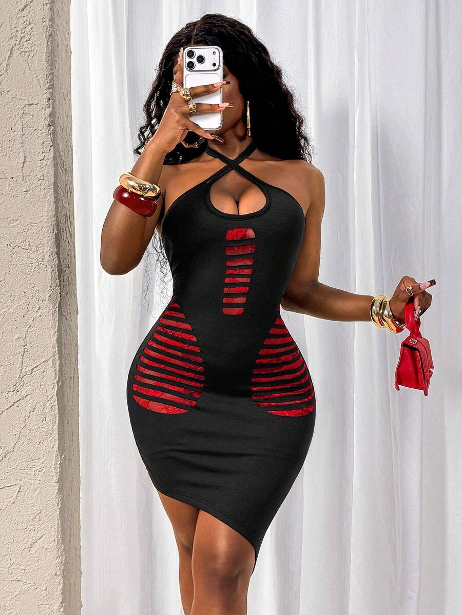 Glyssa 女士性感镂空不对称下摆交叉连衣裙 - 紅色和黑色 - 查看 1