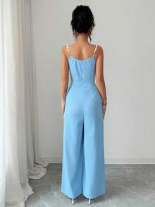 SHEIN Raffinéa Women's Summer Light Blue Pearl Decor Chain Strap Elegant Commuter Style Fitted Ruched Waist Backless Jumpsuit - Baby Blue - View 2