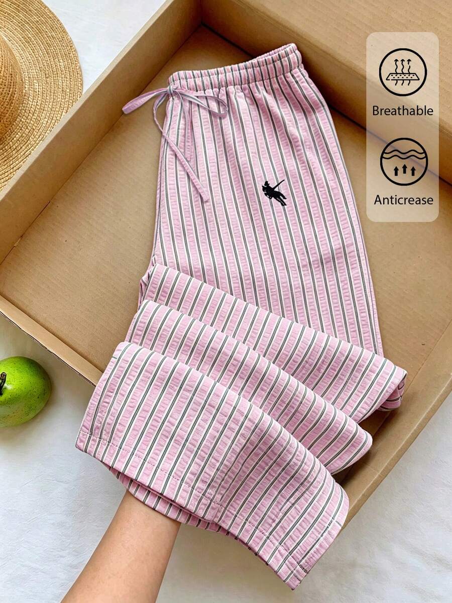 FavEase 女士夏季粉绿纹理竖条纹刺绣休闲低腰直筒裤，适合休闲、办公、休闲度假、学院风等场合穿着。 - 粉色 - 查看 1