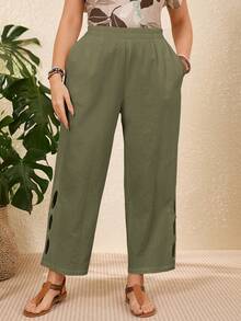 Rosumi Plus Size Vacation Casual Solid Color Hollow Out Pants,Summer Outfits For Women,Vacation Outfits Woman - Army Green - View 4