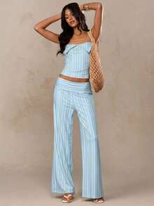 SHEIN BAE Quần ống loe cạp gập kiểu dáng thường ngày kẻ sọc dành cho nữ - Màu xanh nhạt - Xem 7