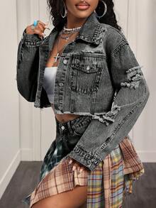 BamGleam Áo khoác và áo choàng denim thời trang thường ngày dành cho nữ - Xám - Xem 7