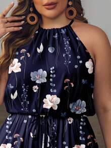 SHEIN VCAY Plus Size Floral Print Halter Romper - Navy Blue - View 5