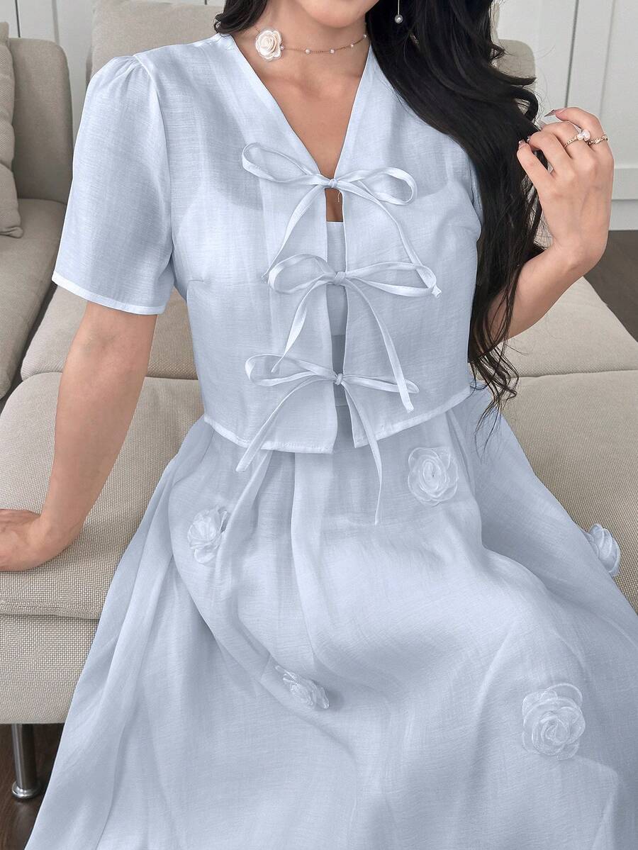 Modelyn 3D立体花卉系带腰身女士短袖上衣连衣裙两件套 - 淺藍色 - 查看 1