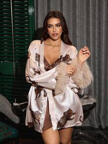 SilkySpell Luxury Satin Leopard Print Feather Trim Robe + Lace Cross Back Camisole Nightgown 2 Pieces Set, Plus Size - Multicolor - View 8