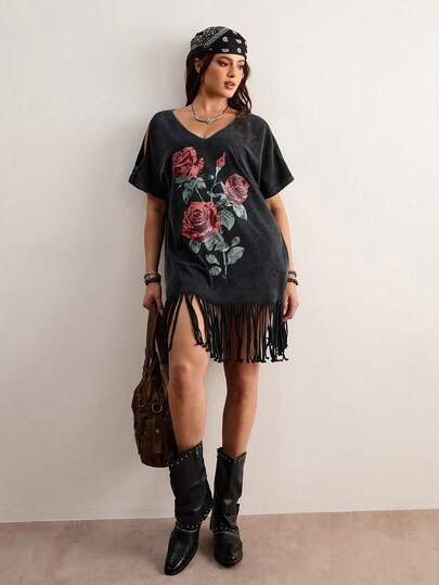 Freevana Vestido mini de mujer talla grande con cuello en V, manga corta, estampado de rosas, suelto, elegante para uso diario, apropiado para primavera/verano, gris oscuro con flecos