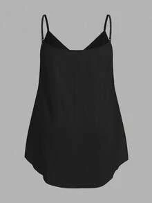 SHEIN EZwear Plus Size Solid Color Spaghetti Strap Casual Summer Curved Hem Daily Wear Tank Top Zipper Top Black And White Tops Women Cami Tops For Women - Black and White - View 4