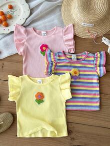 LMoss Kids 3pcs Baby Girl Knitted Solid Striped 3D Flower Round Neck Vest Set - Multicolor - View 6