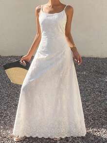 Spring & Summer Lace Hollow-Out Jacquard White Spaghetti Strap Dress, Casual Vacation Beach Midi Dress For Women Sundress - White - View 8