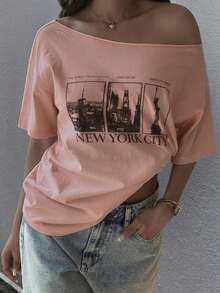 DAZY Teen Girls' Casual Letter & Architecture Print Asymmetric Neck Short Sleeve T-Shirt, Summer - Camel - View 4