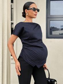 MaterniWear 夏季孕婦上班上衣，商務休閒女款，辦公穿著時尚優雅條紋印花襯衫 - 藏蓝色 - 查看 6