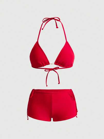 Sweetness 2026年春夏ベストセラー エレガントでセクシーな無地2ピース水着、パールアクセサリー付きヴィンテージショーツ、ビーチ、プール、スポーツに適したフィットビキニ (2026年春夏秋冬) バケーション