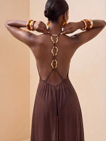 Zivah New Women's Casual Beach Vacation Sheer Chiffon Backless Dress With Metal Decor, Suitable For Pool Party