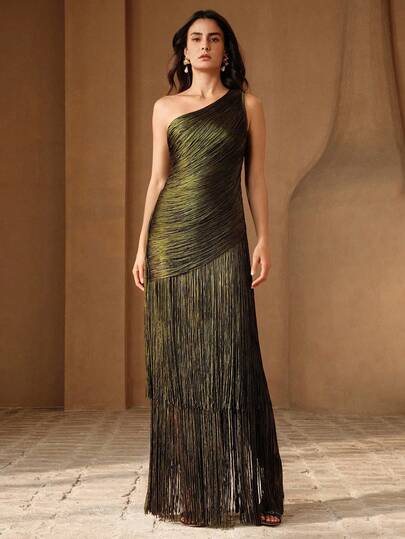 Anewsta Vestido elegante de color verde militar con flecos, adecuado para vacaciones, fiestas y bailes de graduación, nuevo para primavera/verano de mujer