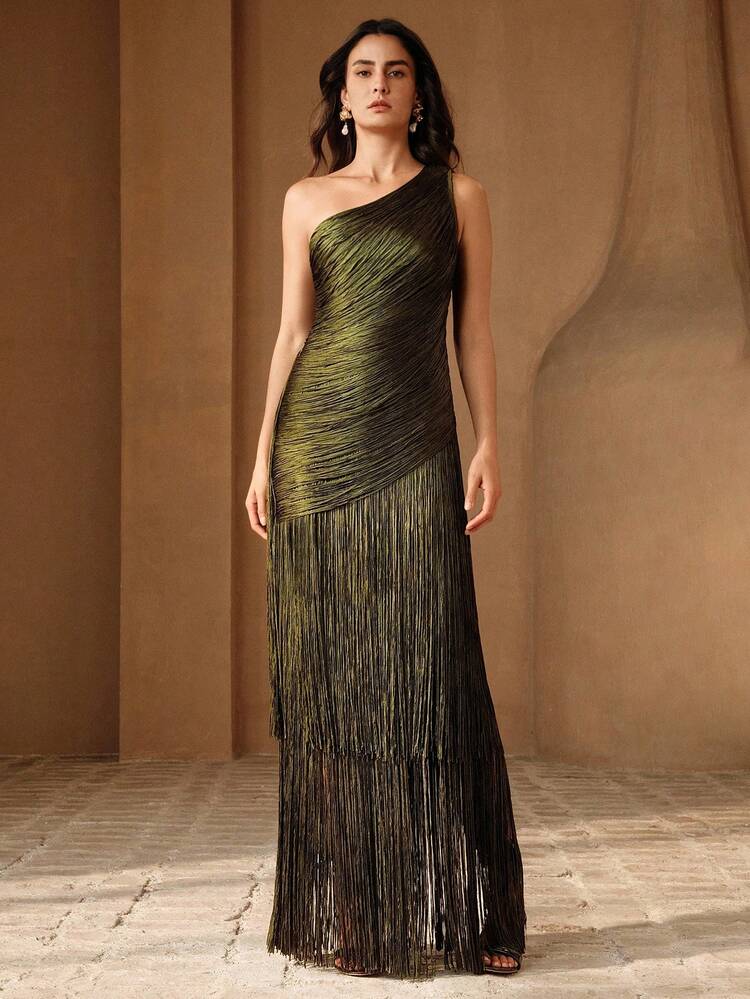 Women's New Spring/Summer Tassel Military Green Elegant Dress, Suitable For Vacation, Party, Prom