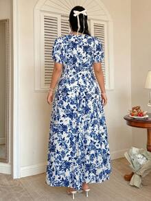FleurLily Rochie de damă mărime plus, imprimeu floral albastru elegant, decolteu pătrat și mâneci bufante, rochie maxi în linie A cu volane și talie strânsă, rochie de vacanță, rochie versatilă la modă pentru petreceri în grădină - Albastru - Vizualizare 2