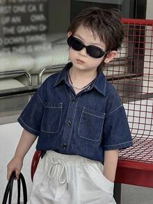 Áo sơ mi denim tay ngắn một hàng cúc dành cho bé trai, kiểu dáng thường ngày, đa năng. - Màu xanh lam - Xem 4