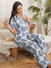 Serenescape Bubble Wrinkle Palm Leaf Print Short Sleeve Pajama Set - White - View 6