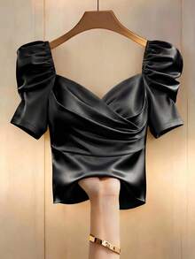 EMERY ROSE Blusa/camisa de mujer de satén sólido con cintura ceñida, mangas abultadas, elegante y encantadora para uso diario, vacaciones, viajes, moda, citas, estilo francés retro y versátil para primavera/verano en color champán - Negro - Ver 7