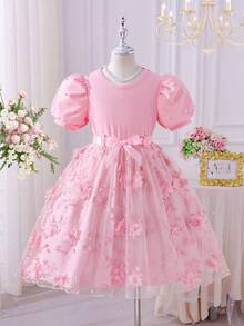 Glamorique Kids 女童珍珠袖3D立体花卉优雅连衣裙，配腰带，夏季 - 粉色 - 查看 6
