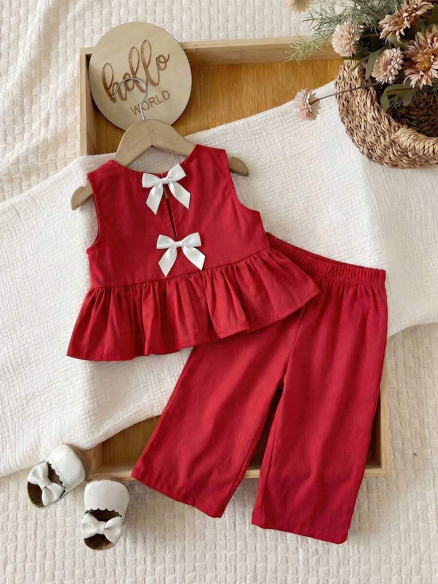SHEIN Bộ áo không tay và quần cạp chun màu đỏ dễ thương cho bé gái, thích hợp cho mùa hè. - Đỏ - Xem 1