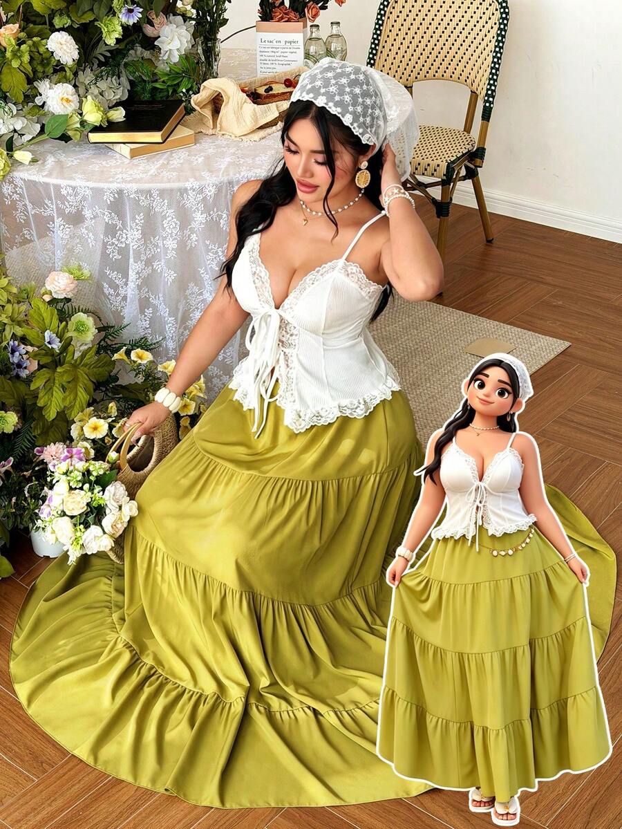 Celure Plus Size Women's Knit Camisole Lace Trim Tie-Up Flared Skirt 2-Piece Set,White Summer Curve Party Holiday Elegant Beach Vacation Outfits - Green - View 1