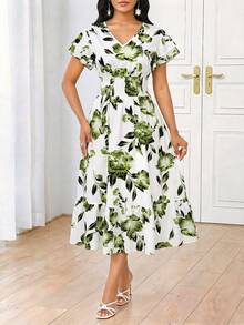 SHEIN Lady 夏季印花荷叶袖度假优雅连衣裙 - 粉色 - 查看 7