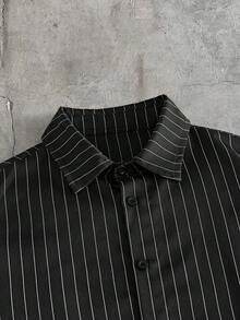 AXEPEAK Men's Striped Short Sleeve Single-Breasted Shirt And Shorts Casual Suit - Black - View 8