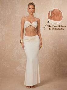 Lumalex Robe élégante et sexy pour femmes avec décoration de chaîne au dos, couleur abricot - Nude - Voir 1
