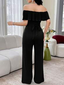Feyla Elegant Off Shoulder Ruffle Collar Jumpsuit For Women, Everyday Wear - Black - View 2
