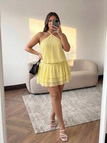 Hourglow Vestido de mujer talla grande de unicolor con volantes en el bajo y cuello halter, para figura de reloj de arena - Amarillo - Ver 4