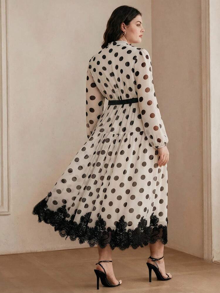 Plus Size High-Quality Vintage Sweet Polka Dot Dress, Tie Waist Ruffle Hem Lace Trim Slimming Midi Dress, Suitable For Work And Dates, Spring To Summer