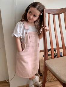 Dazy Kids Vestito da bambina con pettorina in jeans rosa con ricamo a cuore dolce - Rosa - Visualizzare 6