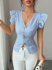 SHEIN Franclia 女士金属太阳装饰条纹荷叶袖衬衫 - 藍白色 - 查看 8
