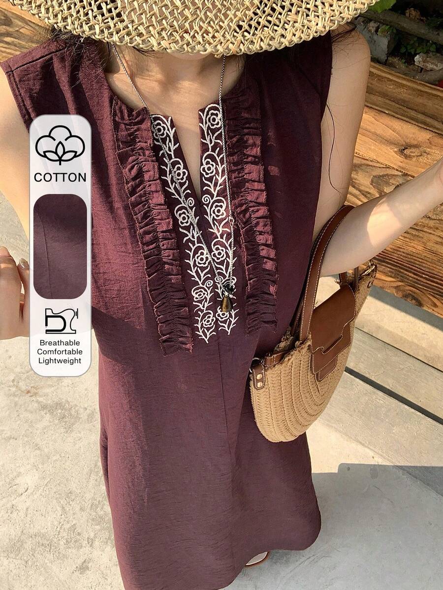 DAZY 女士度假休闲荷叶边刺绣无袖连衣裙 - 紫色 - 查看 1