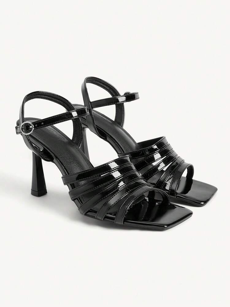 CUCCOO CHICEST Women's High-Heeled Sandals, Glossy Patent Leather Women's Sandals, Simple Black Square Head, Multi-Layer Thin Horizontal Belt Package On The Forefoot, Metal Round Buckle Adjustment Rear Strap, Thick High-Heeled Stable Model, Daily Commuting/Dating/Light Banquet Versatile Open-Toed Shoes