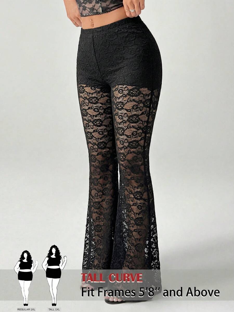 SHEIN Tall CURVE Quần dài xuyên thấu cỡ lớn dành cho nữ, quần legging ren, quần ống loe, quần xuyên thấu, quần đen gợi cảm dành cho nữ, trang phục mùa hè cho nữ, trang phục đi xem hòa nhạc, trang phục dự tiệc rave cho nữ.