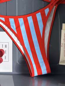 Swim Mod New Striped Tie-Front Print Halter Backless Bikini, Beach Vacation Swimsuit - Red - View 5