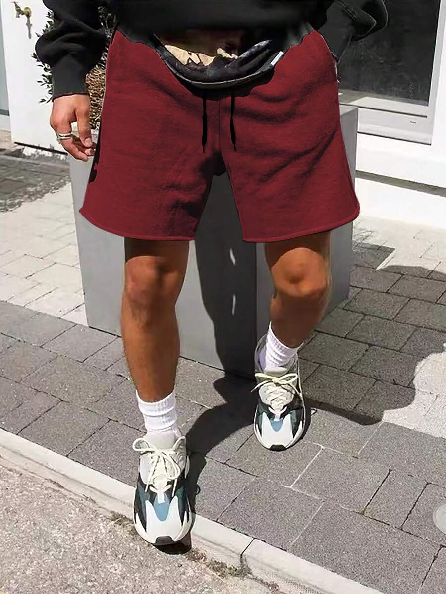 Manfinity EMRG Pantalones cortos casuales de verano para hombres de unicolor con cordón en la cintura - Burdeos - Ver 1