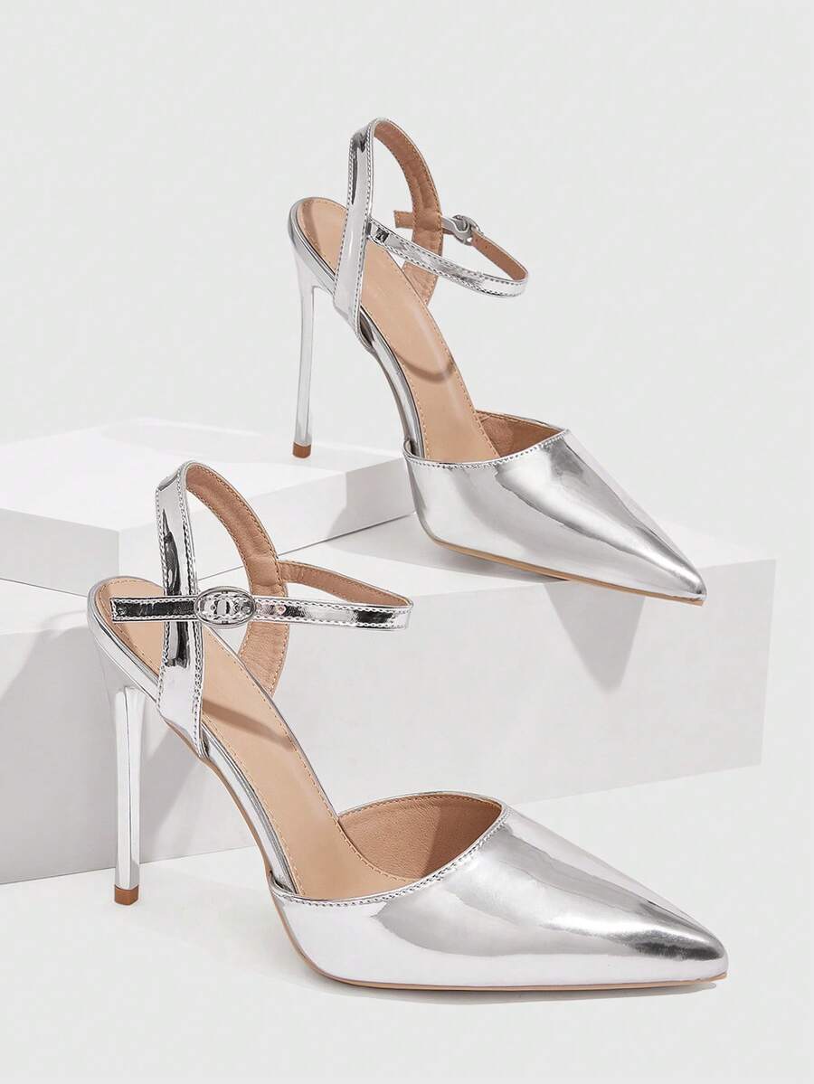 CUCCOO SZL Pointed Thin Heel Wristband High Heel, Sexy Light Luxury, Metallic Luster + Pointed Design Has Its Own Exquisite And Advanced Sense, Suitable For Women Who Pursue Aura, Can Be Matched With Dinner Dresses, Party Wear, And Can Also Be Used As Cross-Dressing Shoes - Silver - View 1