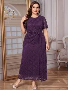 Reflora Đầm ngắn tay cổ tròn thắt nút xoắn thời trang thanh lịch dành cho nữ cỡ lớn - Màu tím - Xem 7