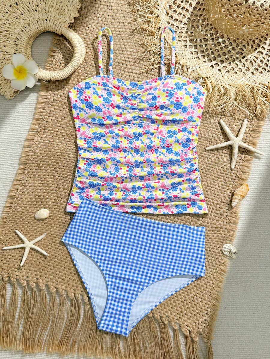 SHEIN Tween Girl Blue Floral & Plaid Print 2 Pieces Bikini Swimwear, Suitable For Beach, Summer Vacation, Swimming Pool Party - Multicolor - View 1