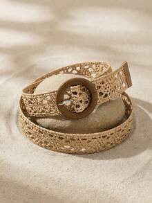 1件女士米色新款PP草编圆木扣连衣裙腰带，腰部装饰修身休闲腰带，日常百搭 - 卡其色 - 查看 1