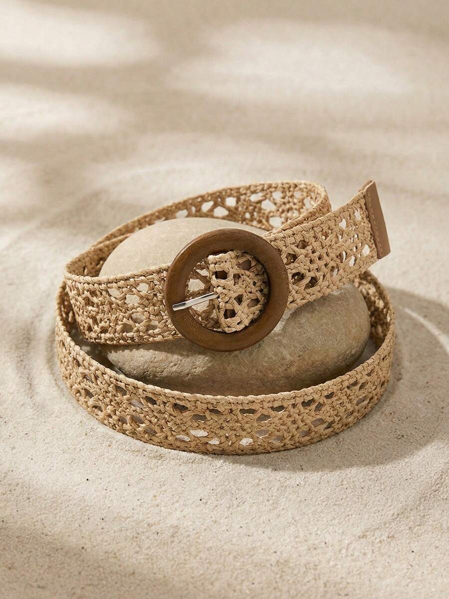 1件女士米色新款PP草编圆木扣连衣裙腰带，腰部装饰修身休闲腰带，日常百搭 - 卡其色 - 查看 1
