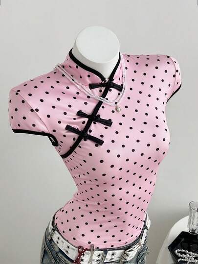 Sunnyshic Women's Polka Dot Print Button Cuff Sleeve T-Shirt