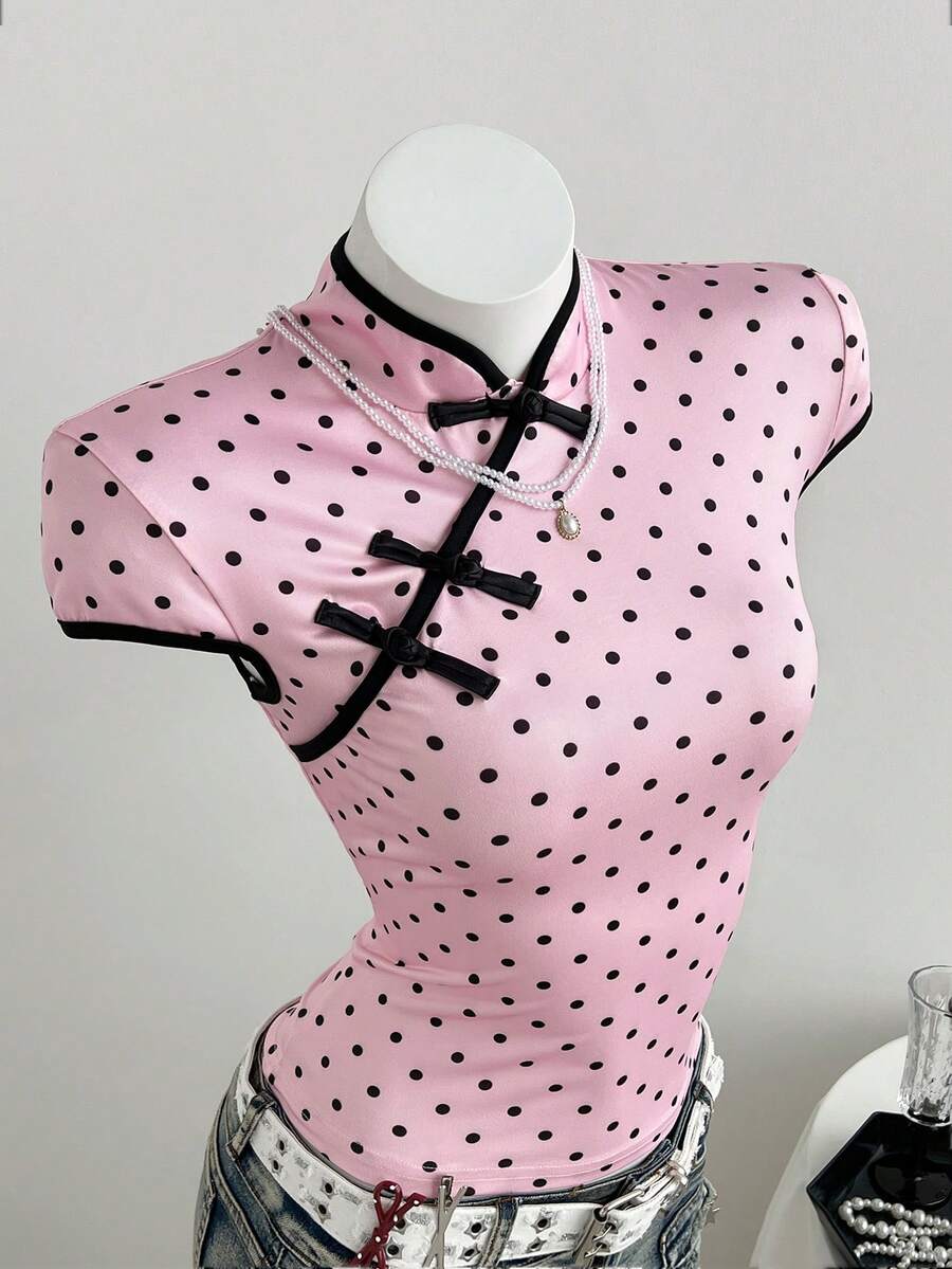 SHEIN SunnyBelle Women's Polka Dot Print Button Cuff Sleeve T-Shirt - Pink - View 1