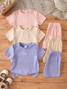 SHEIN 6件套女婴夏季短袖纯色针织罗纹上衣和短裤套装，饰有可爱有趣的樱桃、草莓和柠檬3D立体贴布装饰 - 彩色 - 查看 1