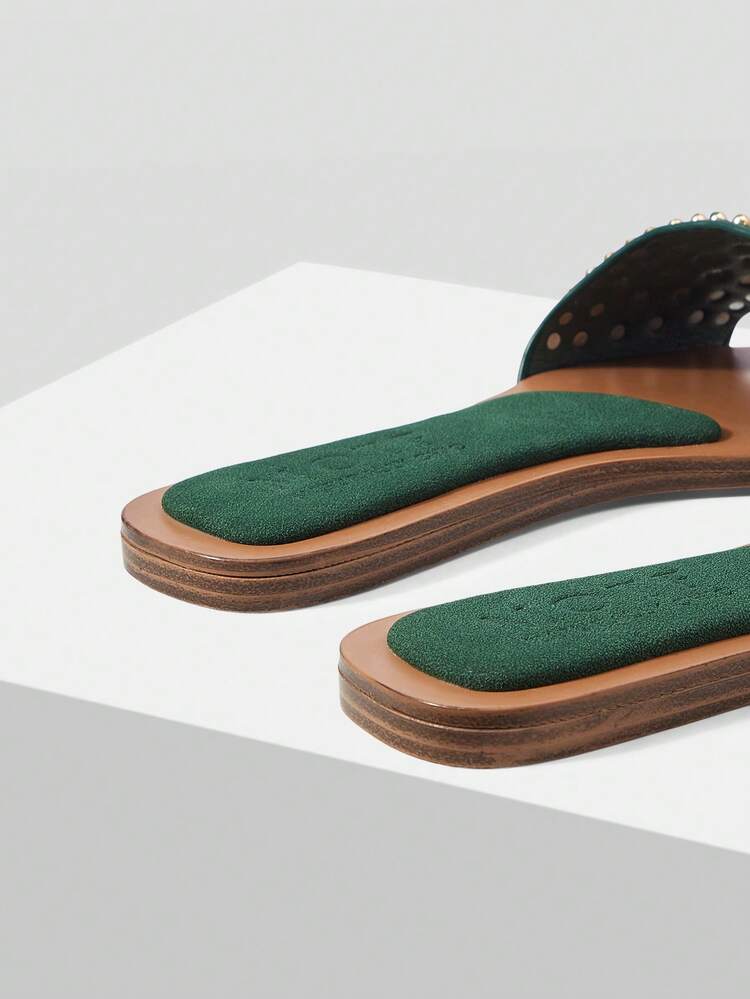 SQUARE TOE CONTRASTING COLOR FASHION RIVETS INLAID DAILY TRAVEL LEISURE COMMUTER VACATION STYLE SPRING AND SUMMER FLAT BOTTOM COOL SLIPPERS