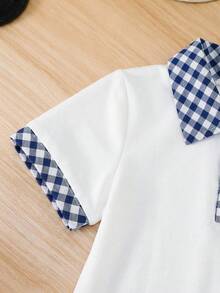SHEIN 夏季女童白色海军蓝格子 Polo 领荷叶边下摆休闲学院风短袖连衣裙 - 藍白色 - 查看 4